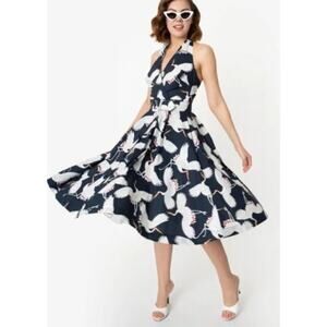 Unique Vintage 1950s Pin Up Retro Crane Halter Swing Dress Sz XS #